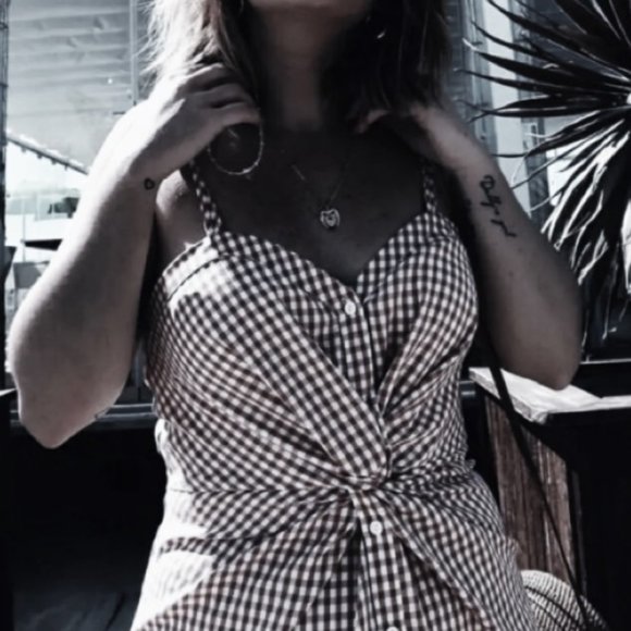 Gingham Print Knotted Button Dress Black and White - Picture 3 of 5